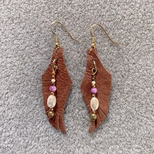 Artisan Leather ANGEL WING Earrings with Purple Stone and Etched Pearl